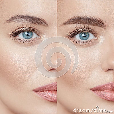 Beauty. Close Up Womanâ€™s Eyebrows Before And After Correction. Stock Photo